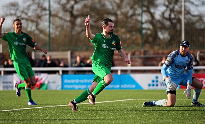 Second-half - Tom Pratt brings the 10 men level against Mossley and celebrates his goal (1)