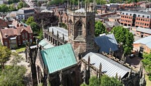 Aerial shot of St Mary's Church in Nantwich