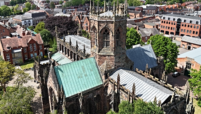 drone shot of St Mary's Church in Nantwich