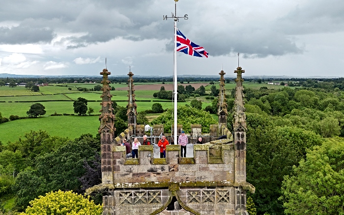 Visitors at top of Wybunbury Tower during Fig Pie Wakes