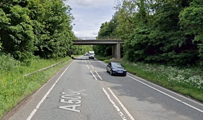 bridge over the A500 at Barthomley - pic by Google