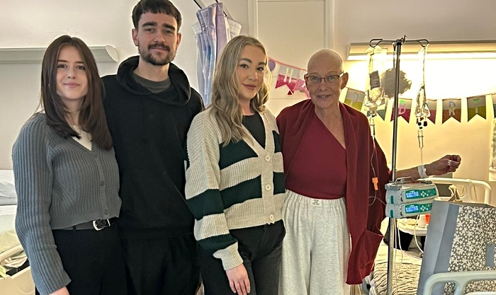 Mel in hospital with daughter Katie, son Sam and his fiance Siobhan (1)