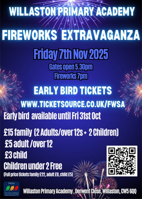 Willaston Primary Academy - Fireworks Extravaganza 2025 publicity poster