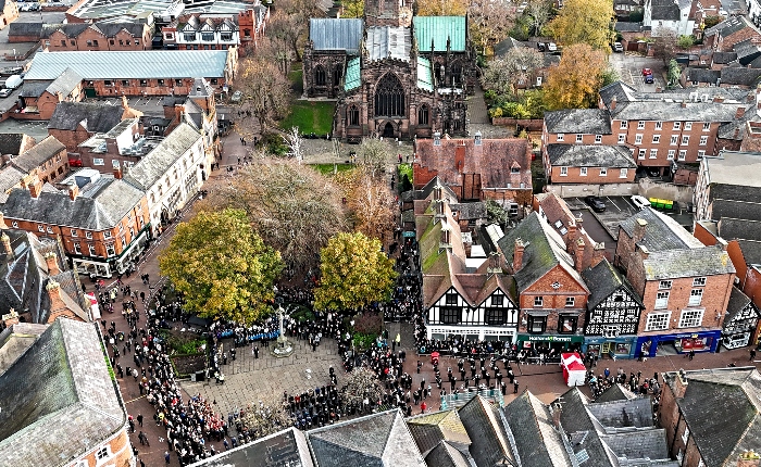 aerial of town square on Remembrance Sunday