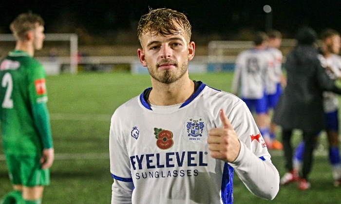 Full-time - 2 goal Bury FC player Kai Evans gives a thumbs up (1)
