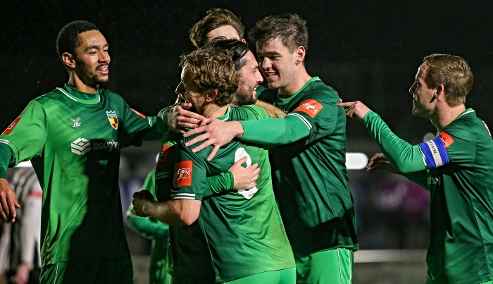 Second-half - first Dabbers goal - Callum Saunders celebrates his goal with teammates (1)