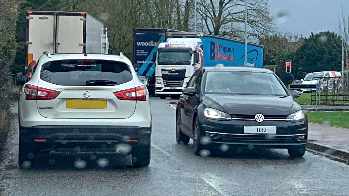 Mixed vehicles on Wistaston Green Road opposite Kingfisher Reach