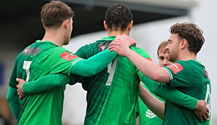First-half - Dabbers goal - Byron Harrison celebrates with teammates (1)