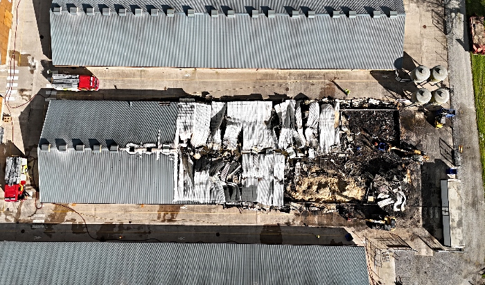 Aerial footage of damaged turkey barn