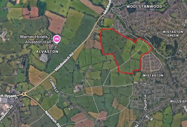 The application site for the 660-home development is east of Middlewich Road at Wistaston (Google CEC)