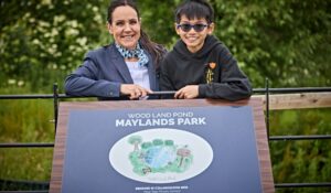 Eden from Pear Tree Primary School has won a competition to draw the David Wilson Homes - Maylands Park pond sign.
Pictured with sales adviser Penny