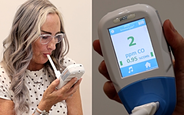 Cath O’Connell taking her carbon monoxide reading at 60 days smoke free