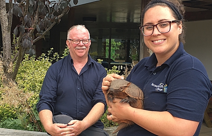 Keeper Alan Woodward and Hannah Stone with Ross the armadillo, who features in the virtual zoo school
