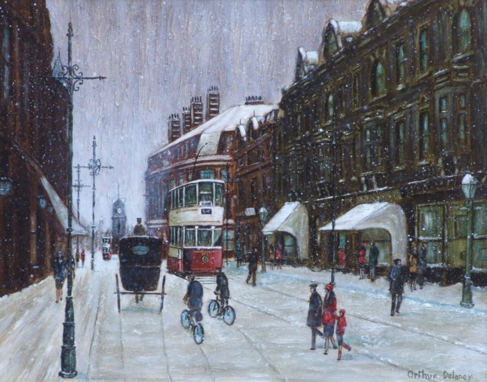 Northern Art - Arthur Delaney (1927-1987), Manchester street scene with figures in the snow £3500-4000