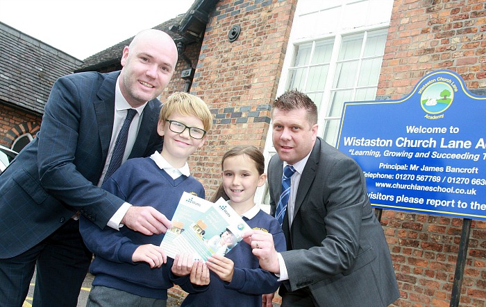 Barry Jones of Watts Mortgage and Wealth Management and his children Wilf and Lottie and Wistaston Church Lane Academy headteacher James Bancroft