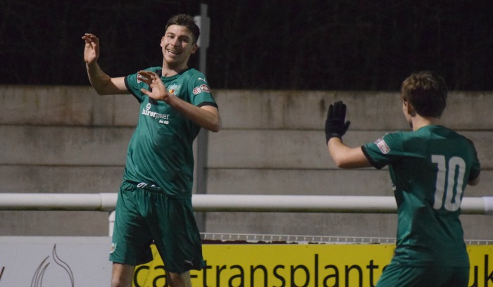 Ben Harrison celebrates the third Nantwich goal with Sean Cooke who provided the cross