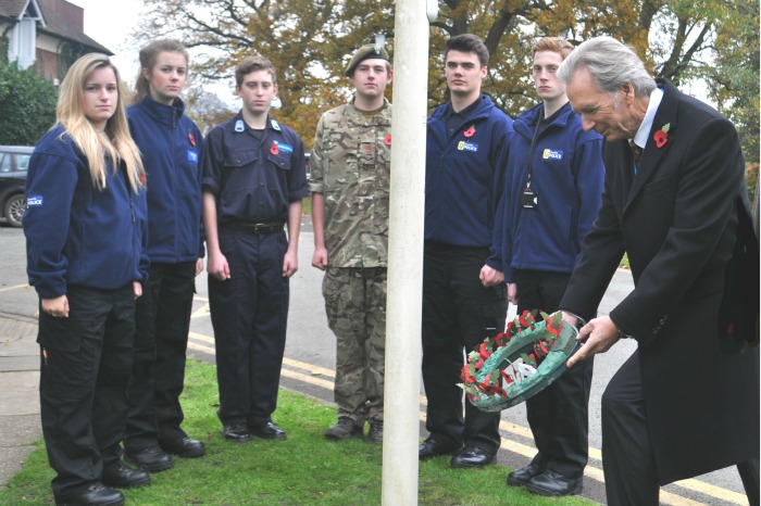 Bill Holroyd High Sheriiff of Cheshire with Cheshire Police Army and Fire cadets, Armistice Day at Reaseheath