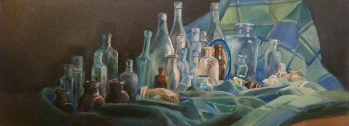 Bottles on the Wall 1, oil on canvas, by Alex Jabore