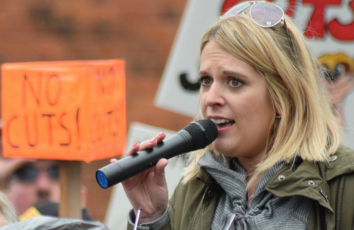 Campaign organiser Laura Smith speaks at the Cobbles