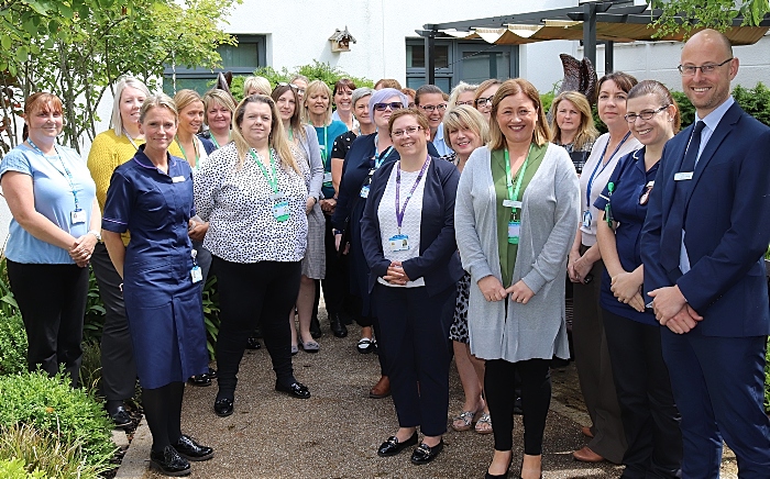 Cancer staff pictured in Leighton Hospital’s Macmillan unit’s garden
