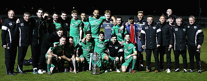 Cheshire FA Senior Cup 2017-18 winners and staff pose with the trophy