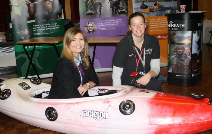 careers convention Chloe Minter tries out a canoe displayed by Reaseheath College Adventure Sports department.