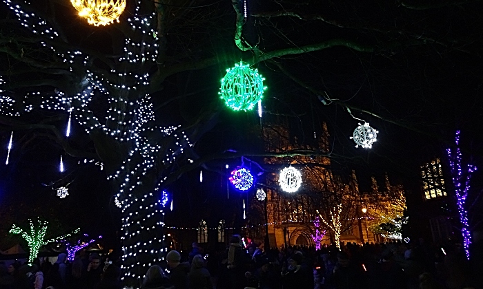 Christmas lights in front of St Marys Church Nantwich (1)