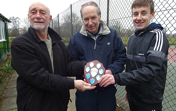 Co-organiser George Raiswell - far right handside - presents winning shield to Eric James and Rob Sheffield