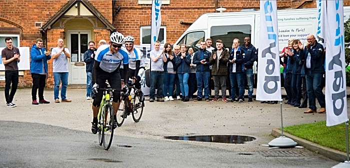 Cyclists Ant Breen and Pete Robinson start their ride at Dayinsure headquarters in Tarporley (1)
