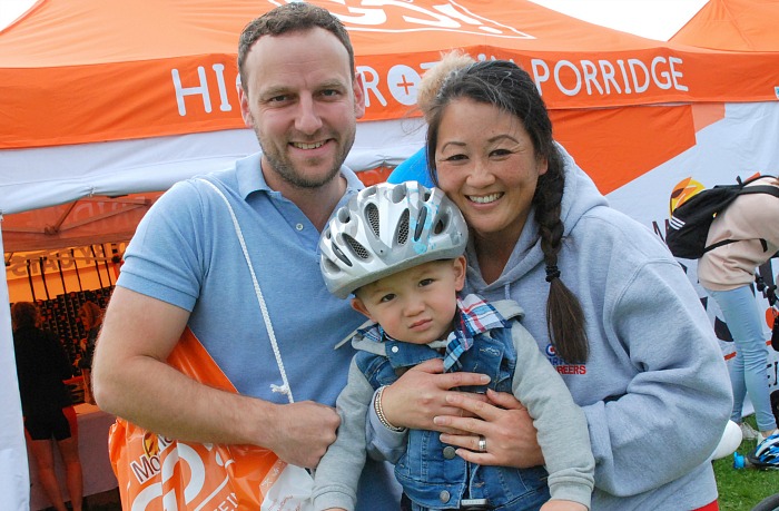 Dave Harrison and son Hux-li, aged two, were there to greet mum Carol after taking part
