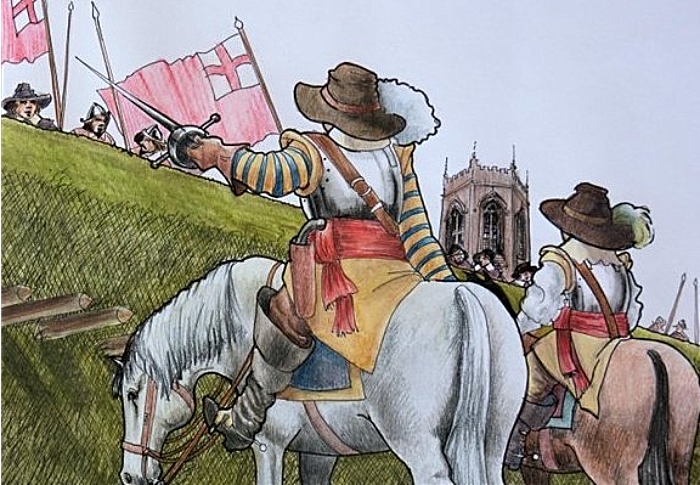 Detail from a picture by Les Pickford of soldiers approaching Nantwich during the Civil Wars
