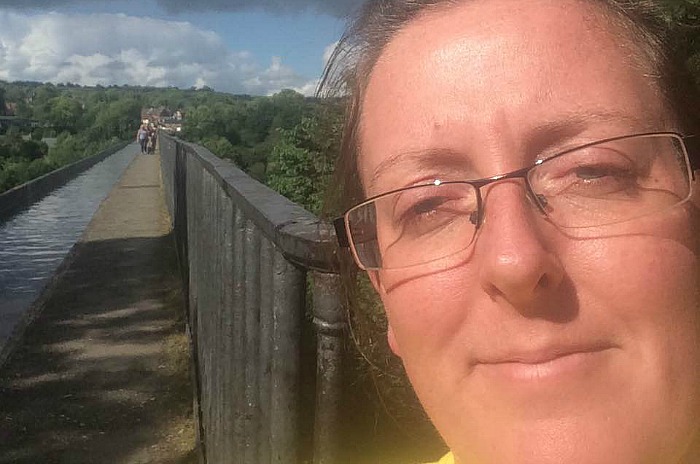 Emma on canal aqueduct near Llangollen