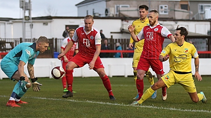 First-half - Ashton United keeper Jon Worsnop saves a shot from Caspar Hughes (1)