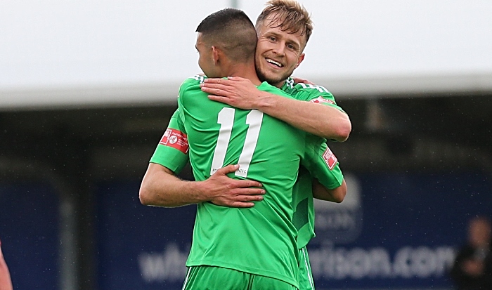 First-half - Carlos “Thommy” Montefiori celebrates scoring his first goal for the Dabbers with David Webb (1)