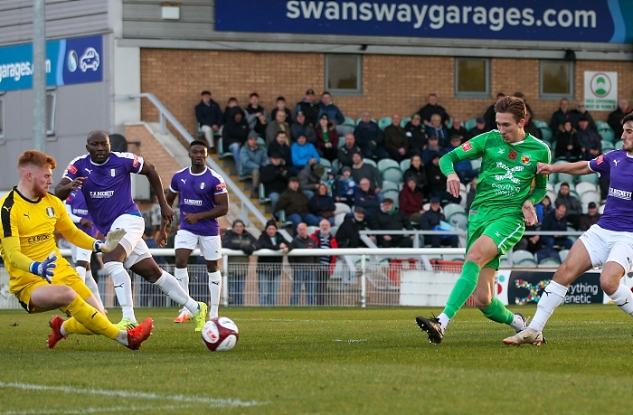 First-half - Dan Cockerline shoots at goal v Grantham