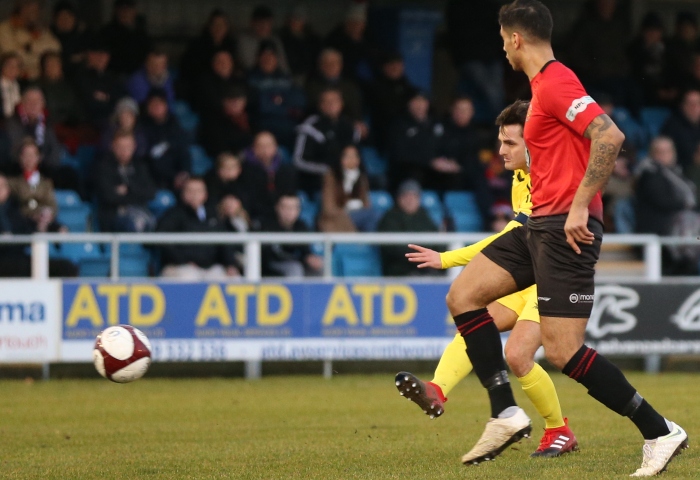 First-half - Nantwich goal - captain Caspar Hughes fires into the bottom corner v Mickleover Sports