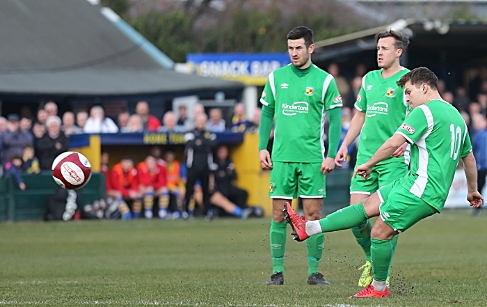 First-half - first Nantwich Town goal - Sean Cooke curls the free-kick over the wall and into the top-left corner (1)