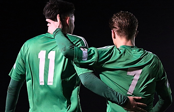 First-half - first and winning goal - Callum Saunders celebrates his goal with teammate Will Saxon (1)