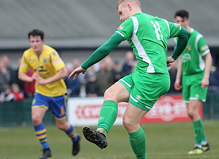 First-half - second Nantwich goal - Danny Glover sends the keeper the wrong way smashing it into the bottom-left corner (1)