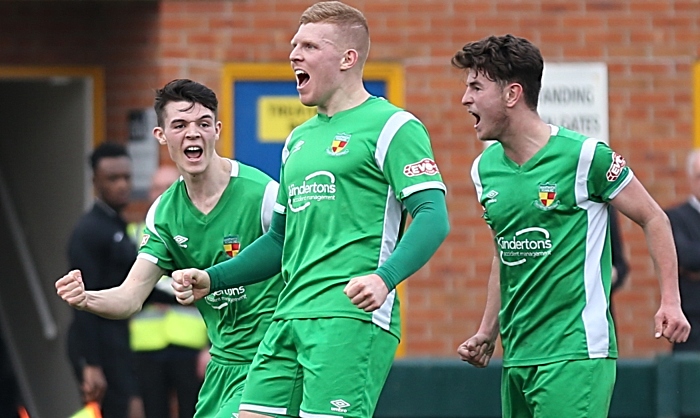 First-half - third Nantwich goal - Danny Glover celebrates his goal with Joe Malkin and Jamie Morgan (1)