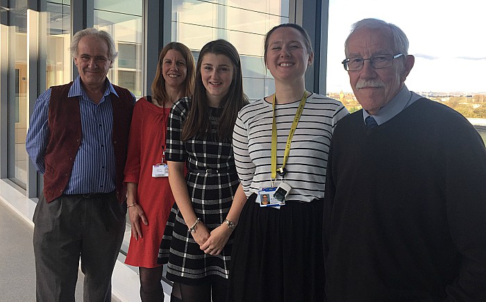 From left - Michael Horne, Dr Jenny Myers, Emma Horne, Alice Dempsey an academic clinical fellow from the research team and Ken Sambrook from Crewe Diabetes UK Group