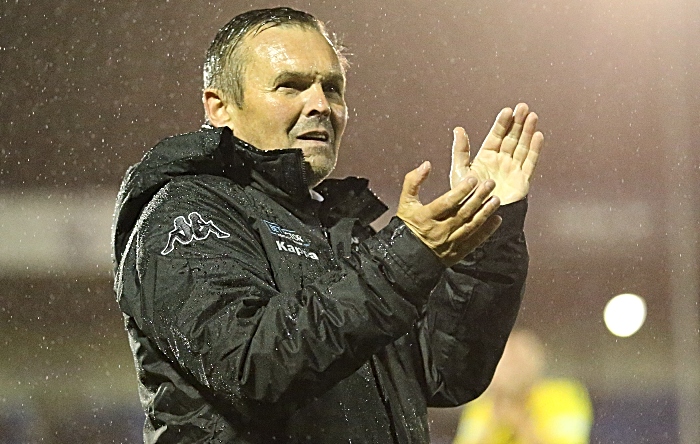 Full-time - Manager Dave Cooke celebrates victory with the fans (1)