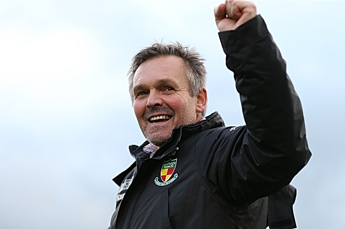 Full-time - Nantwich Town Manager Dave Cooke celebrates victory with the fans (1)