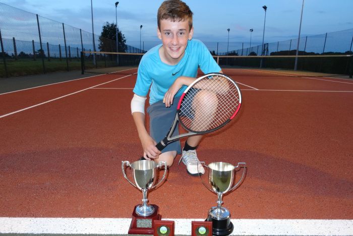 George Raiswell with his Junior Singles and Mens Doubles trophies, Wistaston Jubilee Tennis Club