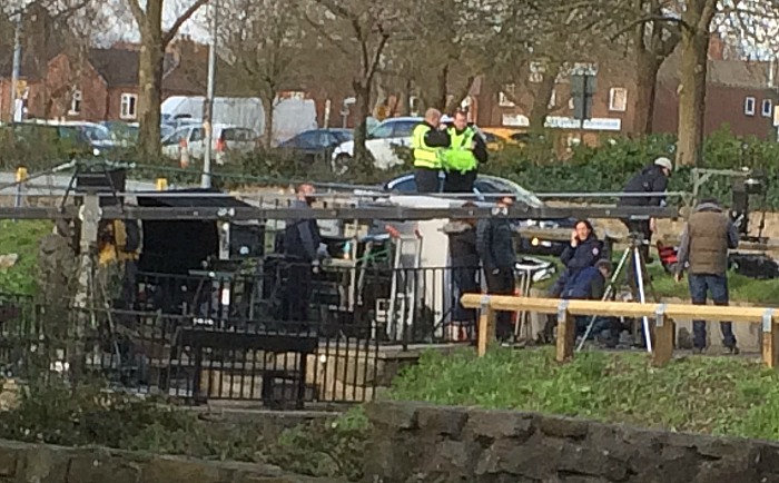 ITV film crews at Nantwich by River Weaver filming 8-part drama Paranoid