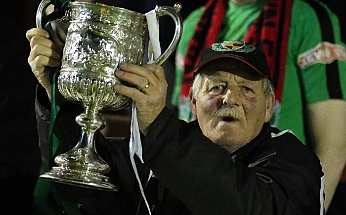 Ivan Robertson raises the trophy after Nantwich Town win the Cheshire FA Senior Cup Final 2018-19 (2) (1)