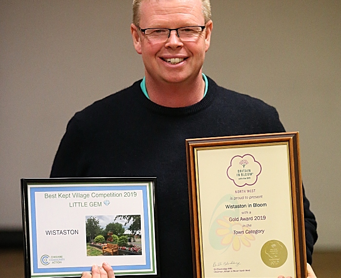 Jim Dentith from Crewe Road Nurseries with the Cheshire Community Action Little Gem award and the Britain in Bloom Wistaston in Bloom Gold Award (1)