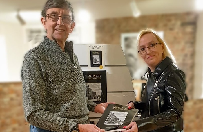 John Hickson at book launch at Johnsons with Julie Ann Mulvey who runs Nantwich Memories group