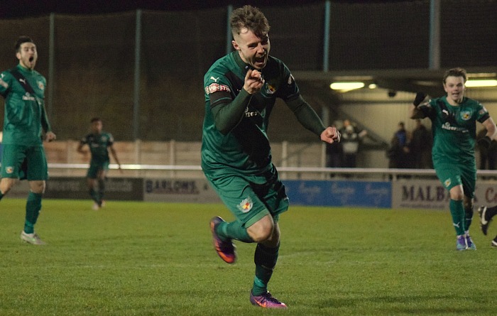 John Johnston celebrates scoring the second goal for Nantwich Town v Blyth leaders