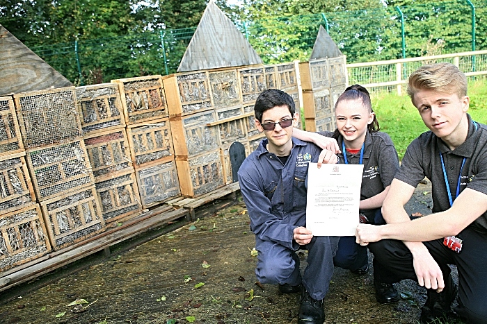 Josh Callaghan, Rhe Foster, Kye Tempest, L3 ex Dip Animal Management students with Royal letter